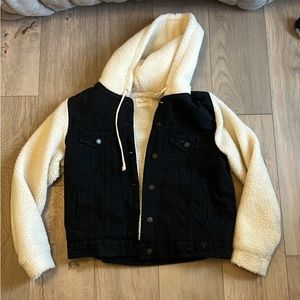 Black Denim and Wool Hooded Jacket